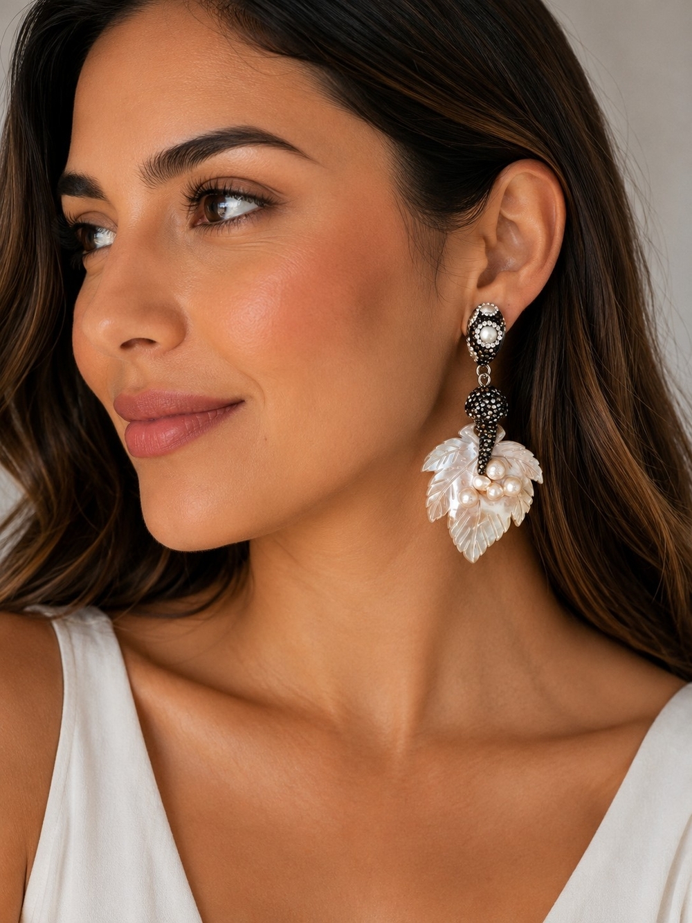 Pearl Leaf Drop Earrings - White & Black